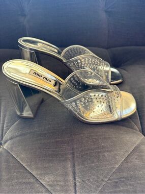 Miu Miu Silver Crystal-Studded Metallic Slide Mules